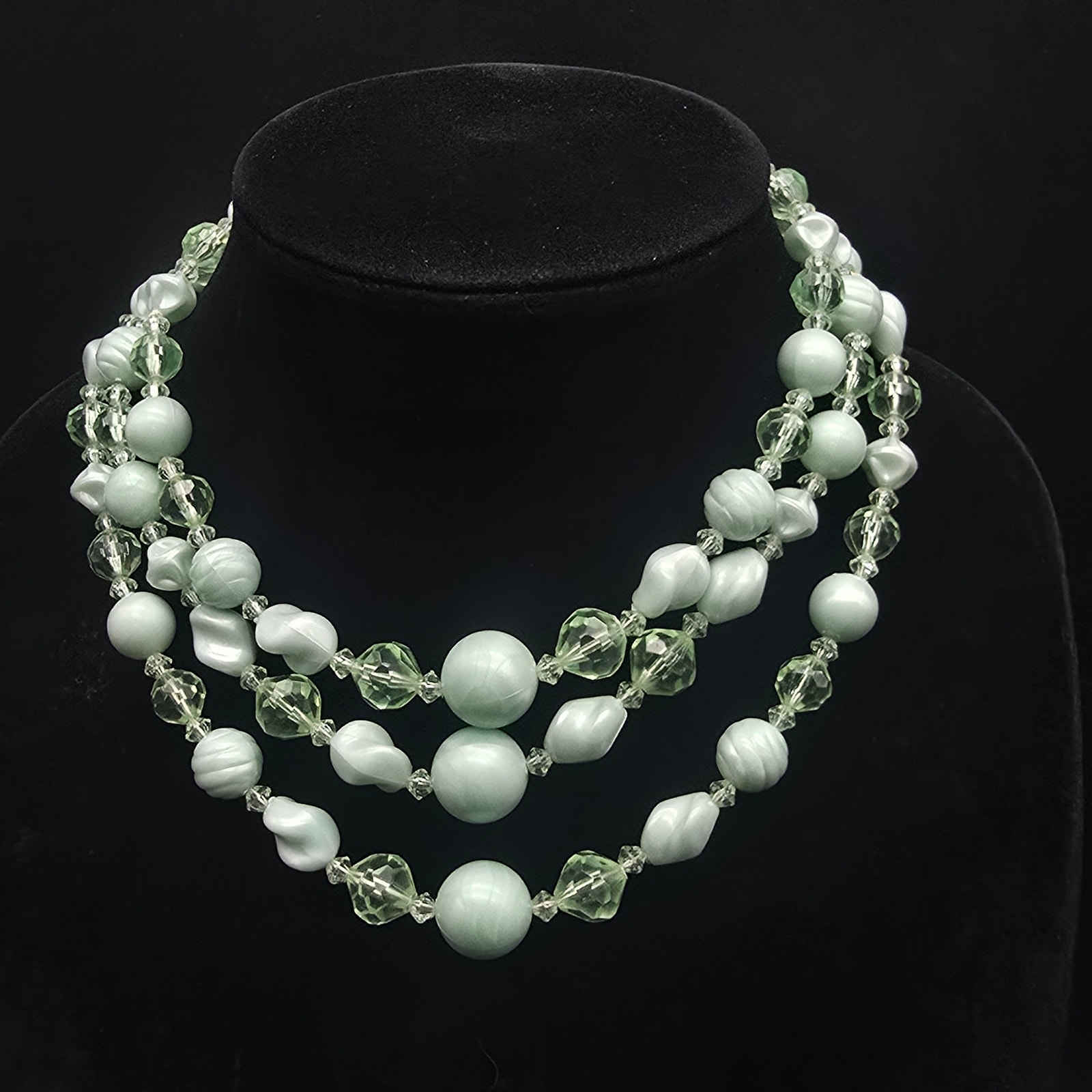 Vintage West Germany Mint Green Layered Necklace Three Strand Plastic